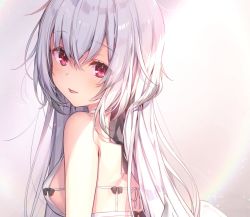 Rule 34 | 1girl, :p, angel wings, bare arms, bare shoulders, black bow, blush, bow, breasts, character request, closed mouth, commentary request, dress, dress bow, eyelashes, from side, hair between eyes, halterneck, highres, komeshiro kasu, long hair, looking at viewer, low wings, original, purple eyes, shoulder blades, sidelocks, sleeveless, sleeveless dress, small breasts, smile, solo, tongue, tongue out, white hair, white wings, wings