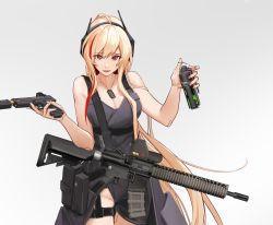 Rule 34 | 1girl, absurdres, alternate costume, assault rifle, black dress, blonde hair, breasts, cleavage, collarbone, dress, explosive, fangs, feet out of frame, girls&#039; frontline, glock, grenade, gun, handgun, headphones, highres, holding, holding gun, holding weapon, jewelry, long hair, looking at viewer, m4 sopmod ii, m4 sopmod ii (girls&#039; frontline), medallion, medium breasts, multicolored hair, nail polish, necklace, open mouth, pink nails, red eyes, rifle, smile, solo, ss-7, standing, streaked hair, upper body, weapon, white background
