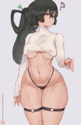 Rule 34 | 1girl, ?, asui tsuyu, black eyes, black hair, black panties, boku no hero academia, breasts, covered erect nipples, curvy, cutesexyrobutts, frog hair ornament, gluteal fold, grey background, hair ornament, highres, long hair, looking to the side, medium breasts, navel, o-ring, panties, see-through, signature, simple background, skindentation, solo, sweater, thick thighs, thigh gap, thighs, thong, turtleneck, underboob, underwear, white sweater, wide hips