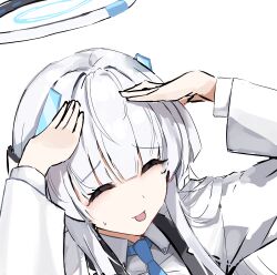 Rule 34 | 1girl, ^ ^, absurdres, ah eto... bleh (meme), arms on head, arms up, blue archive, blue necktie, blunt bangs, closed eyes, collared shirt, commentary, english commentary, halo, headgear, highres, jacket, long hair, long sleeves, meme, necktie, noa (blue archive), open clothes, open jacket, purple eyes, school uniform, shirt, sidelocks, simple background, solo, sstthei, taiho shichauzo, tongue, tongue out, white background, white hair, white shirt
