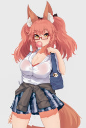Rule 34 | 10s, 1girl, absurdres, animal ear fluff, animal ears, bag, bra, breasts, blowing bubbles, cleavage, clothes around waist, commentary, ehrrr, fate/extra, fate/grand order, fate (series), fox ears, fox tail, glasses, highres, large breasts, looking at viewer, official alternate costume, pink bra, pink hair, pleated skirt, red-framed eyewear, school uniform, see-through, semi-rimless eyewear, shirt, skirt, sleeves rolled up, solo, standing, sweater, sweater around waist, tail, tamamo (fate), tamamo no mae (fate/extra), tamamo no mae (jk) (fate), underwear, uniform, white shirt, yellow eyes