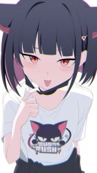 Rule 34 | 1girl, asagisui, black hair, blue archive, hair ornament, hairclip, kazusa (blue archive), pink hair, shirt, short hair, simple background, solo, t-shirt, tongue, tongue out, twitter, white background