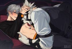 2boys abs animal_ears between_legs black_pants black_shirt black_vest blush clothes_pull commentary couple furry furry_male grey_hair hair_between_eyes hand_on_another&#039;s_head hand_on_another&#039;s_waist interspecies licking licking_another&#039;s_chest long_sleeves looking_at_another lying male_focus multiple_boys narrowed_eyes navel on_back on_bed open_mouth pants patreon_logo patreon_username riffraffhellyea shirt shirt_pull sleeveless sleeveless_jacket teeth tongue twitter_logo twitter_username upper_teeth_only vest von_lycaon wise_(zenless_zone_zero) yaoi zenless_zone_zero