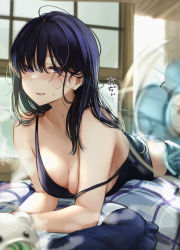 Rule 34 | 1girl, ass, bare arms, blue hair, blush, breasts, cleavage, collarbone, commentary request, electric fan, hair between eyes, highres, indoors, long hair, looking at viewer, lying, medium breasts, midriff, nekomugiharu, on stomach, open mouth, original, panties, purple eyes, sidelocks, solo, strap slip, stuffed animal, stuffed toy, sweat, tank top, tokujo-chan, translated, underwear