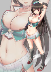 Rule 34 | 1girl, areola slip, black gloves, black socks, breasts, brown hair, choukai (kancolle), cleavage, commentary request, gloves, grey background, hair ornament, hat, headgear, kantai collection, kneehighs, large breasts, long hair, midriff, mini hat, miniskirt, moke ro, multiple views, navel, no eyewear, pleated skirt, red eyes, rudder footwear, skirt, socks, solo, zoom layer