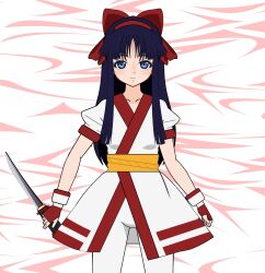 Rule 34 | 1girl, ainu clothes, artist name, blue eyes, blue hair, breasts, clenched hand, fingerless gloves, gloves, hair ribbon, highres, legs, long hair, looking at viewer, nakoruru, pants, ribbon, samurai spirits, small breasts, smile, snk, solo, sword, the king of fighters, thighs, weapon