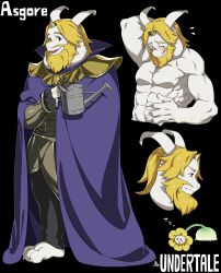 Rule 34 | 1boy, absurdres, animal ears, arm behind head, armor, asgore dreemurr, barefoot, beard, black background, black eyes, black gloves, black pants, blonde hair, blush, body fur, cel shading, character name, cloak, collared cloak, commentary, copyright name, cropped torso, crown, facial hair, fangs, faulds, fewer digits, fingerless gloves, floppy ears, flower, flowey (undertale), flying sweatdrops, from side, full body, furry, furry male, gloves, goat boy, goat ears, goat horns, hand on own stomach, highres, holding, holding watering can, horns, kamezaemon, looking at viewer, male focus, multiple views, muscular, muscular male, open mouth, pants, parted bangs, purple cloak, short hair, shy, simple background, skin fangs, smile, sweat, topless male, undertale, vambraces, watering can, white fur, yellow flower