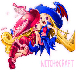 Rule 34 | 1girl, alternate color, blonde hair, blue dress, blush, boots, dress, dual persona, fang, feathers, gloves, hat, head wings, isao (witch craft), long hair, open mouth, purple eyes, red dress, shyna nera shyna, silhouette mirage, sinna neutlarva sinner, smile, teeth, wings