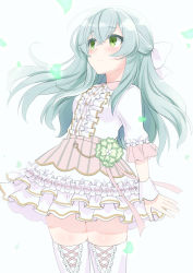 Rule 34 | 1girl, aohashi ame, aqua hair, arm at side, assault lily, blush, bow, breasts, buttons, center frills, closed mouth, collared shirt, commentary request, cowboy shot, cross-laced clothes, cross-laced legwear, crossed bangs, falling petals, floating hair, frilled shirt collar, frilled skirt, frilled sleeves, frills, green eyes, grey background, hair between eyes, hair bow, half updo, highres, layered skirt, long hair, looking away, miniskirt, official alternate costume, petals, shirt, sidelocks, simple background, skirt, sleeves past elbows, small breasts, smile, solo, sparkle, standing, thighhighs, toki kureha, wavy hair, white bow, white shirt, white skirt, white thighhighs, wrist cuffs, zettai ryouiki