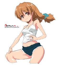 Rule 34 | 1girl, aliasing, aqua bow, blue bow, blue shorts, blush, bow, braid, breasts, brown hair, cameltoe, cleavage, collarbone, commentary request, covered erect nipples, cropped legs, frayed clothes, groin tendon, hair bow, hand on own hip, hand on own knee, knee up, looking at viewer, midriff, nail polish, navel, oekaki, onija tarou, original, shiny skin, shirt, short shorts, shorts, simple background, sleeveless, smile, solo, split mouth, tank top, thighs, twin braids, twintails, watermark, web address, white background, white nails, white shirt