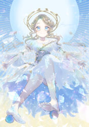 Rule 34 | 1girl, absurdres, bare legs, barefoot, blonde hair, blue background, blue eyes, chain, circle, closed mouth, corset, dress, emma woods, floating, full body, grey corset, hair bun, halo, highres, identity v, legs, light particles, long hair, looking at viewer, orb, purple skirt, shards, short sleeves, signature, skirt, smile, soles, solo, sparkle, straight-on, striped background, toes, two-tone skirt, vermicul-um, white dress, white skirt