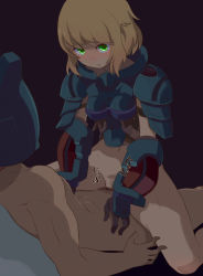 Rule 34 | 1boy, 1girl, armor, black background, blonde hair, blush, breasts, closed mouth, clothed female nude male, eyebrows, girl on top, glowing, glowing eyes, gorget, green eyes, groin, hetero, highres, knight, looking at viewer, male pubic hair, medium breasts, navel, nude, original, pubic hair, pussy, sex, short hair, shoulder armor, simple background, solo focus, spread legs, stomach, tarayama, vaginal