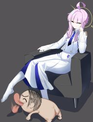 Rule 34 | 1girl, absurdres, blue archive, clothed female nude male, feet, foot worship, green eyes, highres, kaya (blue archive), licking, light smile, long hair, nude, one eye closed, pantyhose, pink hair, sensei (blue archive), sitting, toes, white pantyhose, yurei maru