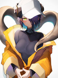 Rule 34 | 1girl, absurdres, arknights, asbestos (arknights), baseball cap, blush, breasts, closed mouth, eyepatch, green eyes, hair over one eye, hat, headphones, highres, jacket, long sleeves, looking at viewer, medium breasts, purple hair, short hair, simple background, solo, tab head, tail, white background, white hat, yellow jacket
