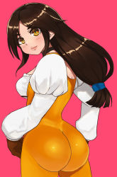 Rule 34 | 1girl, artist request, ass, black hair, blush, bodysuit, breasts, final fantasy, final fantasy ix, from behind, garnet til alexandros xvii, gloves, huge ass, long hair, looking at viewer, medium breasts, orange eyes, shiny clothes, sideboob, skin tight, smile, solo