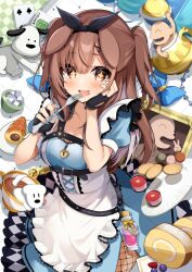 Rule 34 | + +, 1girl, alice in wonderland, animal ears, apron, black choker, black gloves, black hairband, black pantyhose, blue dress, blue nails, blush, bow hairband, braid, breast strap, breasts, brown eyes, brown hair, checkered clothes, checkered skirt, cheek press, chest belt, chest harness, chocolate cornet, choker, commentary request, dog ears, dog girl, dog tail, double-parted bangs, dress, eating, fingerless gloves, fishnet pantyhose, fishnets, food, fork, frilled apron, frills, futo-inu, gloves, hair between eyes, hair ornament, hairband, hairclip, hand on own cheek, hand on own face, harness, heart-shaped lock, highres, holding, holding fork, hololive, hoso-inu, inugami korone, inugami korone (wonderland), listener (inugami korone), long hair, looking at viewer, low twin braids, medium breasts, nail polish, official alternate costume, official alternate hairstyle, open mouth, pantyhose, potion, puffy short sleeves, puffy sleeves, short dress, short sleeves, side slit, skirt, skirt under dress, solo, sugar cube, tail, takumin dx, twin braids, two side up, underbust, vial, virtual youtuber, waist apron, white apron