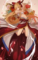 Rule 34 | 1girl, absurdly long hair, alternate costume, armpits, bare arms, bare legs, bare shoulders, barefoot, blonde hair, bow, closed mouth, eisuto, floral background, hair between eyes, hair bow, highres, horns, ibuki suika, jumping, long hair, long skirt, looking at viewer, low-tied long hair, navel, oni, petals, red bow, red skirt, skirt, smile, solo, stomach, touhou, very long hair, yellow eyes
