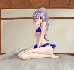 Rule 34 | 1girl, bikini, blue bikini, blue eyes, closed mouth, commentary request, frilled bikini, frills, full body, grey hair, highres, indoors, long hair, looking at viewer, mikotouca, mononobe no futo, no headwear, pom pom (clothes), ponytail, ribbon-trimmed sleeves, ribbon trim, sitting, smile, solo, swimsuit, touhou, variant set