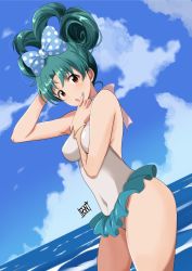 Rule 34 | 1girl, alternate hairstyle, arm up, bow, breasts, brown eyes, casual one-piece swimsuit, covered navel, green hair, hair bow, hair rings, hand up, highres, horizon, idolmaster, idolmaster million live!, looking at viewer, medium breasts, nail polish, one-piece swimsuit, outdoors, parted bangs, polka dot, polka dot bow, ponpon, solo, swimsuit, thighs, tokugawa matsuri, wading, white one-piece swimsuit