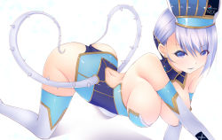 Rule 34 | 10s, 1girl, all fours, arched back, backless outfit, bad id, bad pixiv id, blue eyes, blue hair, blue rose (tiger &amp; bunny), breasts, crawling, earrings, elbow gloves, gloves, hanging breasts, jewelry, karina lyle, large breasts, legs, pepsi, shokuyou mogura, thighhighs, thighs, tiger &amp; bunny