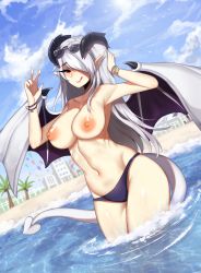 Rule 34 | 1girl, :q, beach, bikini, bikini bottom only, blue bikini, blue sky, bracelet, breasts, cloud, day, demon girl, demon tail, demon wings, dutch angle, eyewear on head, hair over one eye, highres, horns, ilassa (elh), jewelry, large breasts, lilim (monster girl encyclopedia), long hair, looking at viewer, monster girl encyclopedia, navel, nipples, original, outdoors, palm tree, partially submerged, pointy ears, red eyes, silver hair, sky, smile, solo, standing, stomach, sunglasses, swimsuit, tail, terupancake, tongue, tongue out, topfreedom, topless, topless female, tree, v, wading, water, wings