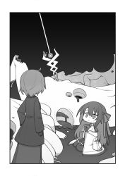 Rule 34 | 2girls, after battle, alma (kisaragi kaya), coat, commentary request, cowlick, death, gloves, greyscale, hair ribbon, hole, jacket, kisaragi kaya, long hair, long skirt, long sleeves, looking at another, monochrome, multiple girls, off shoulder, open clothes, open jacket, original, parted lips, planted, pleated skirt, polearm, ribbon, short hair, skirt, thighhighs, traumatized, weapon, wide-eyed, zettai ryouiki