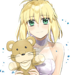 Rule 34 | 1girl, absurdres, ahoge, alternate costume, artoria pendragon (all), artoria pendragon (fate), bare shoulders, blonde hair, blush, braid, breasts, collarbone, commentary request, dress, fate/stay night, fate (series), green eyes, hair ribbon, highres, holding, looking at viewer, medium breasts, ribbon, saber (fate), seijun-pb, simple background, smile, solo, stuffed animal, stuffed lion, stuffed toy, white background, white dress, white ribbon