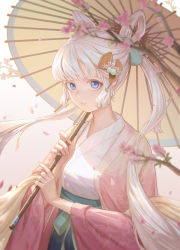 Rule 34 | 1girl, absurdres, blue eyes, blurry, blurry foreground, cherry blossoms, chinese clothes, hair ornament, hanfu, highres, kiwi (1115168110), long hair, looking at viewer, oil-paper umbrella, original, petals, solo, twintails, umbrella, upper body, white hair