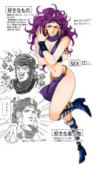Rule 34 | 1girl, battle tendency, breasts, cleavage, commentary request, earrings, emphasis lines, genderswap, genderswap (mtf), groin, high heels, highres, horns, jewelry, jojo no kimyou na bouken, kars (jojo), loincloth, long hair, medium breasts, mugicha (zoro1132), navel, partially colored, pointing, shin guards, smile, translation request, turban