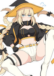 Rule 34 | 1girl, aesc (fate), blonde hair, blue eyes, blush, braid, breasts, cleavage, fate/grand order, fate (series), hat, long hair, long sleeves, looking at viewer, medium breasts, shiseki hirame, smile, solo, spread legs, thighhighs, twin braids, witch hat
