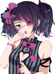 Rule 34 | 1girl, :o, aqua bow, arm ribbon, armpit crease, bare shoulders, black ribbon, blush, bow, bracelet, breasts, buttons, cleavage, cleavage cutout, clothing cutout, commentary request, diagonal bangs, ear piercing, eyeliner, eyepatch, facial mark, hair bow, hair ornament, hand up, heart, heart cutout, highres, idolmaster, idolmaster shiny colors, jewelry, long hair, makeup, medium breasts, multicolored hair, open mouth, piercing, pink bow, pink hair, purple eyes, purple hair, ribbon, schreibe shura, shirt, simple background, sleeveless, sleeveless shirt, solo, streaked hair, striped clothes, striped shirt, tanaka mamimi, twintails, upper body, white background, white hair