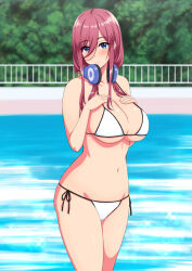 Rule 34 | 1girl, bikini, blue eyes, blush, breasts, brown hair, cleavage, closed mouth, curvy, day, go-toubun no hanayome, hands on own chest, headphones, headphones around neck, highres, large breasts, long bangs, long hair, looking at viewer, nakano miku, navel, pool, side-tie bikini bottom, smile, solo, stomach, swimsuit, tono munekage, white bikini