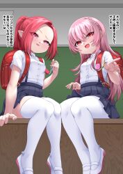 Rule 34 | 2girls, absurdres, backpack, bag, blush, breasts, chalkboard, classroom, fang, from below, highres, looking at viewer, looking down, multiple girls, naughty face, on table, original, pink hair, pointy ears, ponytail, red eyes, red hair, school uniform, skirt, small breasts, smile, table, thighhighs, translation request, wenu (kirikirimai)