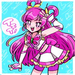 Rule 34 | 1girl, bike shorts under skirt, blush, butterfly brooch, butterfly earrings, commentary, cure dream, earrings, fingerless gloves, frills, gloves, hair rings, highres, jewelry, midriff, open mouth, pink eyes, pink hair, precure, skirt, smile, solo, tsu bo m, v, yes! precure 5, yumehara nozomi