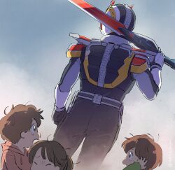 Rule 34 | 1girl, 3boys, armor, back, bad id, bad twitter id, blue sky, brown hair, child, closed eyes, crying, crying with eyes open, facing away, holding, holding sword, holding weapon, kamen rider, kamen rider den-o, kamen rider den-o (series), multiple boys, ootkmm, protecting, sky, sword, sword form, tears, tokusatsu, weapon, white armor