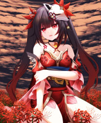 Rule 34 | 1girl, absurdres, bare shoulders, bell, black choker, bow, breasts, brown hair, chest tattoo, choker, collarbone, commentary, criss-cross halter, day, dress, english commentary, flower, flower tattoo, fox mask, gradient hair, hair bow, halterneck, head tilt, highres, honkai: star rail, honkai (series), large breasts, long hair, looking at viewer, mask, mask on head, multicolored hair, neck bell, o-ring, obi, outdoors, pink eyes, red bow, red dress, red hair, sash, short dress, sitting, sleeveless, sleeveless dress, solo, sparkle (honkai: star rail), spider lily, tattoo, twintails, very long hair, wariza, zekens (dnvt2447)