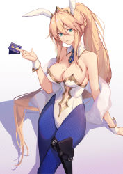 Rule 34 | 1girl, animal ears, aqua eyes, artoria pendragon (all), artoria pendragon (fate), artoria pendragon (swimsuit ruler) (fate), bare shoulders, blonde hair, blue pantyhose, braid, breasts, card, cleavage, commentary, crown, detached collar, fake animal ears, fate/grand order, fate (series), feather boa, fishnet pantyhose, fishnets, hair between eyes, holster, leotard, long hair, looking at viewer, navel, necktie, pantyhose, parted lips, playboy bunny, playing card, ponytail, rabbit ears, sakanasoko, solo, thigh holster, wrist cuffs