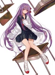 Rule 34 | 1girl, bb (fate), bb (fate/extra), chair, chocoan, desk, fate/extra, fate (series), floating, floating object, highres, long hair, purple eyes, purple hair, red neckwear, red ribbon, ribbon, sailor collar, school uniform, solo, very long hair, white background