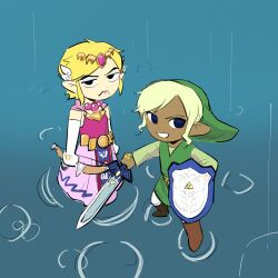 Rule 34 | 1boy, 1girl, annoyed, blonde hair, blue eyes, boots, bow (weapon), brown footwear, cosplay, costume switch, crossdressing, dark-skinned female, dark skin, dress, elbow gloves, eyeshadow, feather hair ornament, feathers, frown, gloves, green tunic, hair ornament, highres, holding, holding bow (weapon), holding shield, holding sword, holding weapon, jewelry, jitome, link, link (cosplay), long sleeves, makeup, master sword, necklace, nintendo, pink dress, pink lips, pointy ears, pointy hat, rain, ripples, senzo6700, shield, sidelocks, sword, tetra, tetra (cosplay), the legend of zelda, the legend of zelda: the wind waker, tiara, triforce, unamused, weapon, white gloves, wing hair ornament