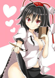 Rule 34 | 1girl, black hair, book, breasts, brown eyes, calligraphy brush, clothes lift, commentary request, hair between eyes, hat, heart, holding, holding book, holding brush, keyaki chimaki, looking at viewer, no bra, no panties, notebook, one-hour drawing challenge, open clothes, open shirt, paintbrush, pom pom (clothes), shameimaru aya, shirt, short hair, skirt, skirt lift, smile, solo, tokin hat, touhou, unbuttoned