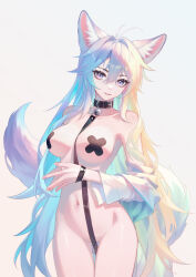 Rule 34 | 1girl, absurdres, animal ear fluff, animal ears, blonde hair, blue hair, breasts, commentary request, fox ears, gradient background, green hair, grey background, highres, kirby d a, long hair, looking at viewer, medium breasts, multicolored hair, original, pasties, smile, tail, thighs, very long hair, white hair