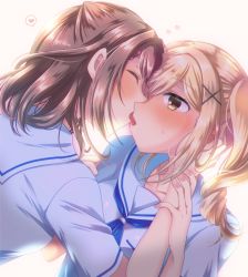 Rule 34 | 2girls, artist request, bang dream!, blonde hair, blush, brown hair, collarbone, couple, closed eyes, french kiss, hair ornament, hand on another&#039;s cheek, hand on another&#039;s face, highres, ichigaya arisa, kiss, multiple girls, saliva, school uniform, short hair, simple background, sweat, tagme, tongue, tongue out, toyama kasumi, twintails, yellow eyes, yuri