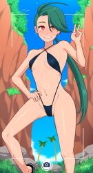 Rule 34 | 1girl, ahoge, bdrd, bikini, bird, black bikini, black footwear, blush, breasts, collarbone, commentary request, creatures (company), day, earrings, game freak, green hair, grin, hand on own hip, hand up, highres, jewelry, knees, long hair, looking at viewer, medium breasts, navel, nintendo, outdoors, palm tree, pokemon, pokemon sv, ponytail, rika (pokemon), shiny skin, shoes, sky, small breasts, smile, solo, standing, stud earrings, swimsuit, teeth, tree, v
