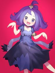 Rule 34 | 1girl, :3, acerola (pokemon), armlet, blush, collarbone, creatures (company), dress, elite four, flipped hair, game freak, hair ornament, highres, ie (raarami), looking at viewer, nintendo, open mouth, pokemon, pokemon sm, purple eyes, purple hair, red background, short hair, short sleeves, simple background, smile, solo, stitches, topknot, trial captain