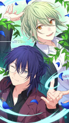 Rule 34 | 2boys, absurdres, aoyagi mikado, black shirt, blue hair, closed mouth, collared shirt, commentary request, dated, glasses, gradient background, green background, green eyes, green hair, green jacket, hands up, happy birthday, hashikura an, highres, jacket, long sleeves, looking at viewer, male focus, multiple boys, on air!, one eye closed, open mouth, orange eyes, plant, red jacket, sekina, shirt, short ponytail, smile, teeth, upper body, white shirt, wind