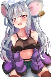 Rule 34 | 1girl, blue archive, clothes around waist, crop top, ear tag, eyebrows, grey hair, halo, highres, jacket, jacket around waist, unworn jacket, long hair, open mouth, purple jacket, red eyes, saya (blue archive), seiza, shorts, sitting, smile, solo, very long hair, wimawi