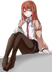 Rule 34 | 1girl, black pantyhose, blue eyes, book, brown hair, closed mouth, commentary request, dress shirt, hair between eyes, holding, holding book, jacket, pantyhose under shorts, long hair, looking at viewer, makise kurisu, necktie, no shoes, off shoulder, pantyhose, red necktie, shirt, short shorts, shorts, simple background, sitting, solo, steins;gate, umeo retto, white background, white shirt