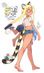 1boy 1girl ass barefoot blonde_hair gluteal_fold highres inkling_girl inkling_player_character minamidena nintendo shiver_(splatoon) short_shorts shorts size_difference splatoon_(series) splatoon_3 tail walking white_background yellow_eyes