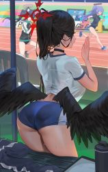 Rule 34 | 3girls, animal ears, arched back, ass, bench, black choker, black hair, black wings, blue archive, blue buruma, blue hair, bottle, breasts, buruma, chair, choker, facing away, from behind, halo, hands up, hasumi (blue archive), hasumi (track) (blue archive), highres, hood (james x), jacket, unworn jacket, large breasts, leaning forward, long hair, multiple girls, open mouth, outdoors, ponytail, purple hair, relay baton, running, running track, serika (blue archive), shirt, short sleeves, solo focus, standing, sweat, thighs, track and field, very long hair, water bottle, white shirt, wings, yuuka (blue archive), yuuka (track) (blue archive)