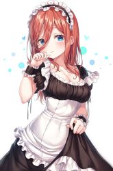 Rule 34 | 1girl, alternate costume, apron, black dress, blue eyes, breasts, brown hair, cleavage, closed mouth, collarbone, dress, enmaided, frilled dress, frills, go-toubun no hanayome, hair between eyes, hand up, highres, large breasts, long hair, looking at viewer, maid, maid apron, maid headdress, nakano miku, r o ha, short sleeves, sidelocks, simple background, skirt hold, solo, upper body, white background, wrist cuffs